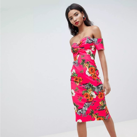 River Island Dresses & Skirts - Off-Shoulder Pink Floral Midi Dress